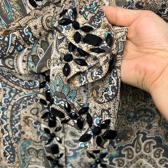Laura Ashley Silk Paisley Fly-Away Beaded Long Sleeve Blouse Flowy Mature - Picture 5 of 10